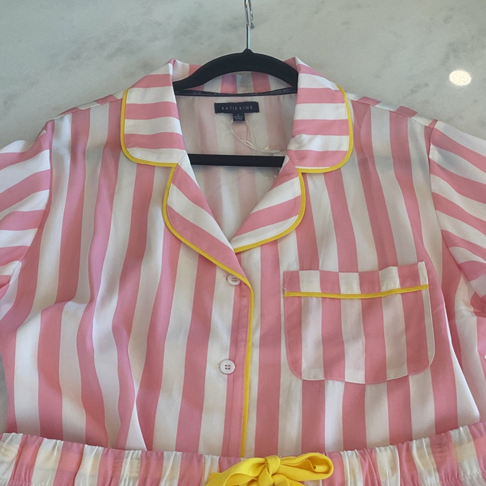 Katie Kime Retro Pink and White Striped Pajama Set with Yellow Accents